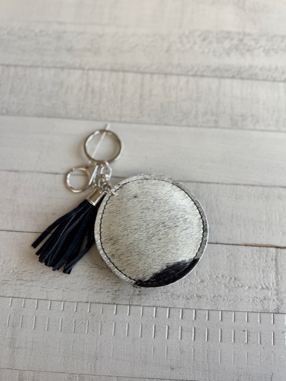Western Round Cowhide Keychain with Black Tassel
